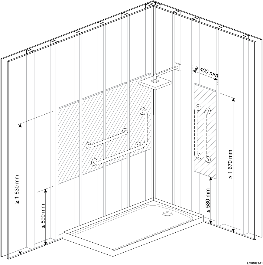 Example of an acceptable configuration for the reinforcement of the side wall and entrance wall of a shower