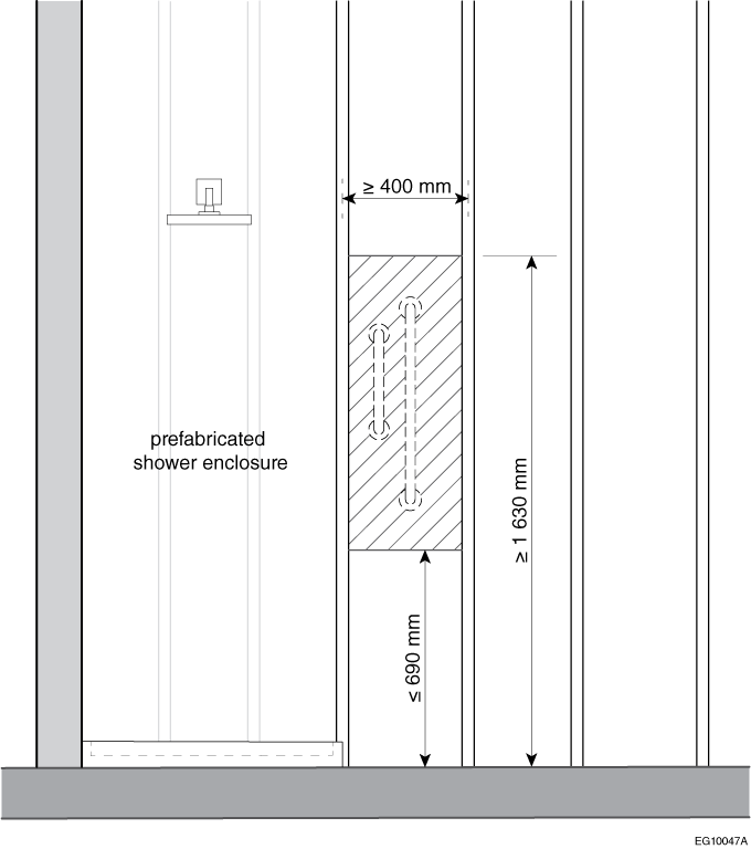 Example of an acceptable configuration for the reinforcement of the entrance wall of a shower provided with a prefabricated enclosure