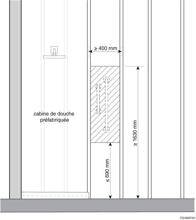 Exemple d'une configuration acceptable pour le renforcement du mur de l'entrée d'une douche munie d'une cabine préfabriquée